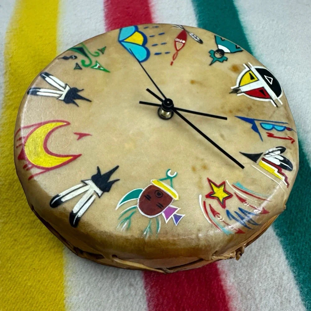 VTG Native American Clock Drum Cow Hyde Wood Symbols - WORKS‎ Artist 
